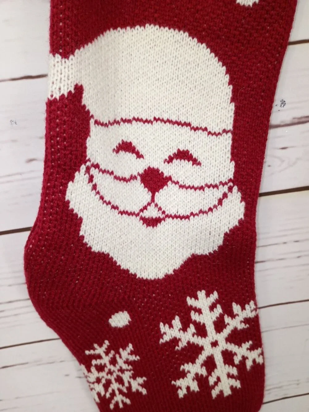 Knit Christmas Stocking With Santa & Snowflakes Design Red & White Holiday Decor